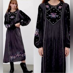 Zara Dress Women’s M Velvet Embroidered Maxi Whimsigoth Fairycore Dark Fairy